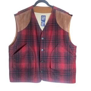 Gap Vintage 90's Wool Blend Plaid Hunting Vest Red Black Leather Trim Large